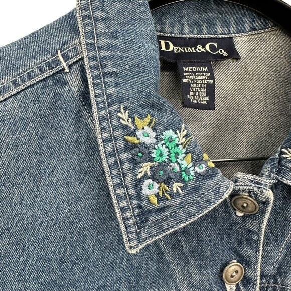 QVC Denim & Co. Women's Embroidered Collar Denim Jacket Classic Trucker Medium - Picture 3 of 7